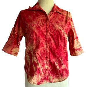 Womens Top Size Medium Red Tie Dye Reworked Button Down Office Hippie